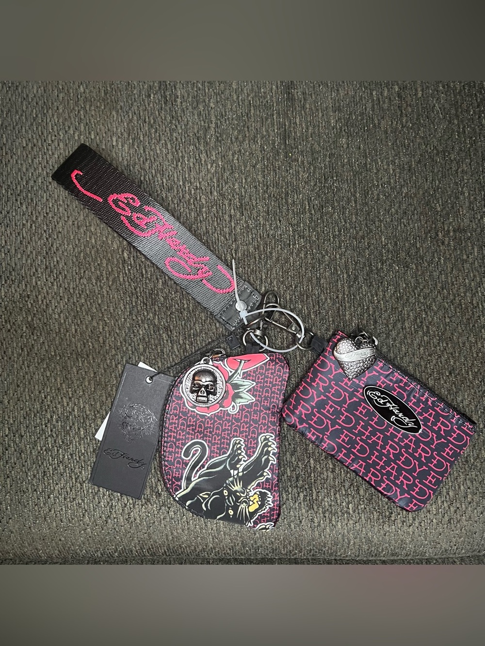 Ed Hardy Double Signature Wristlet - Black Panther/Rose NWT